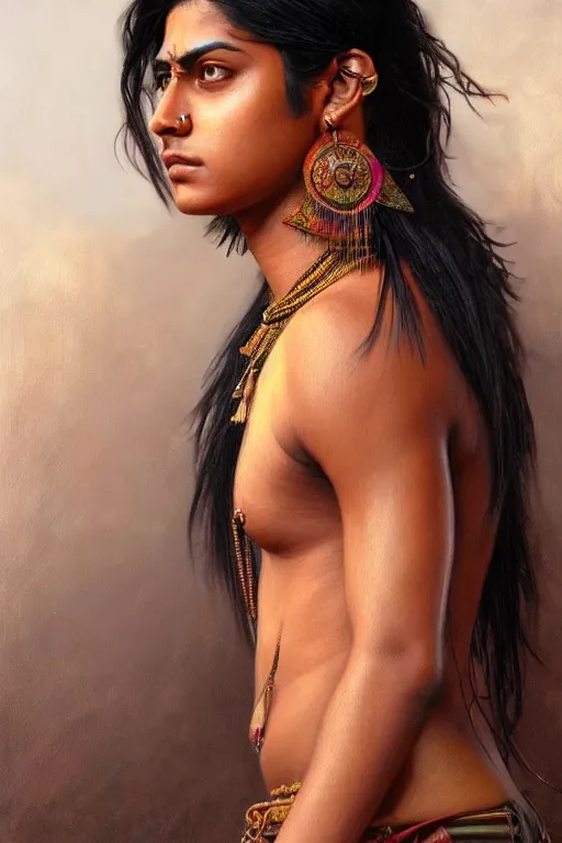 Image similar to photorealistic portrait of a young butch indian woman, handsome, female, masculine, upper body, fantasy, fierce, sharp features, intricate, elegant, highly detailed, digital painting, artstation, concept art, matte, sharp focus, illustration, art by artgerm and greg rutkowski and alphonse mucha