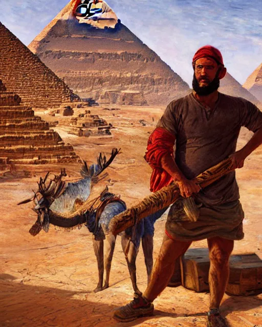 Image similar to detailed painting of an american lumberjack in front of the gizeh pyramids of egypt, deep focus, good lighting, rules of composition, intricate, greg rutkowski, magali villeneuve and monet