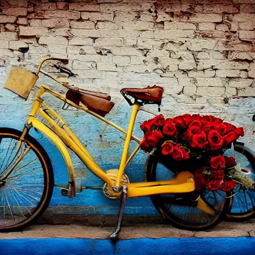 Image similar to a beautiful stunning fantasy digital matte painting of a vintage yellow Schwinn bicycle with a basket of red roses on the front propped up against a blue wall, docu-style photography painted in the style of Grzegorz greg rutkowski, nostalgic heart-warming, trending on artstation hq