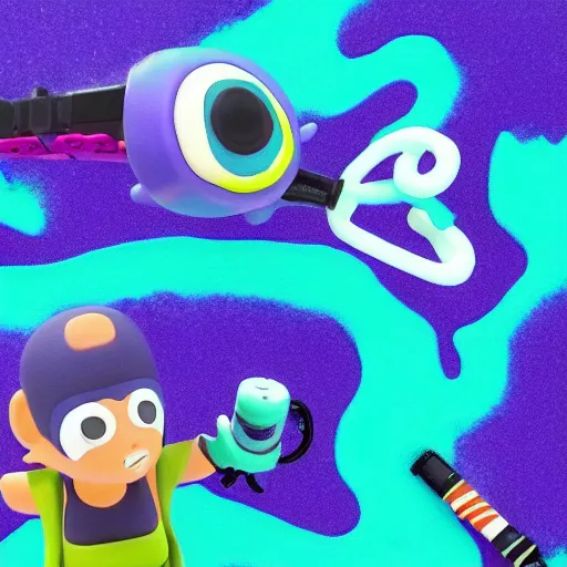 Image similar to splatoon in teal and purple, claymation, 4 k, action, nintendo, width 1 0 2 4