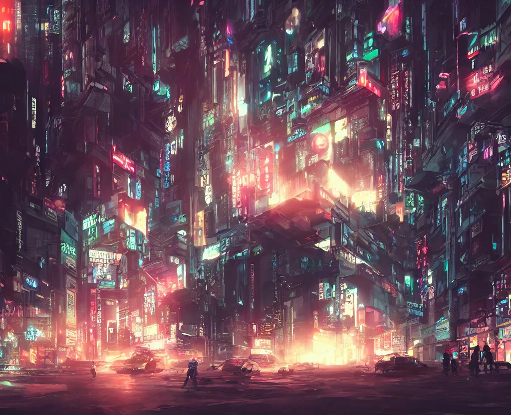 Prompt: cyberpunk city street wide angle view, tokyo, volumetric lighting, fight happening, trending artstation, concept painting,
