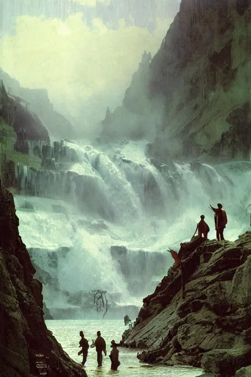 Prompt: a huge dinosaur demon emerges from lake in canadian rockies watched by three people, water splashes cascades, beautiful day, by albert bierstadt, ruan jia, lawrence alma tadema, zdzislaw beksinski, carl spitzweg, everett raymond kinstler, norman rockwell, jack kirby, tom lovell, greg staples