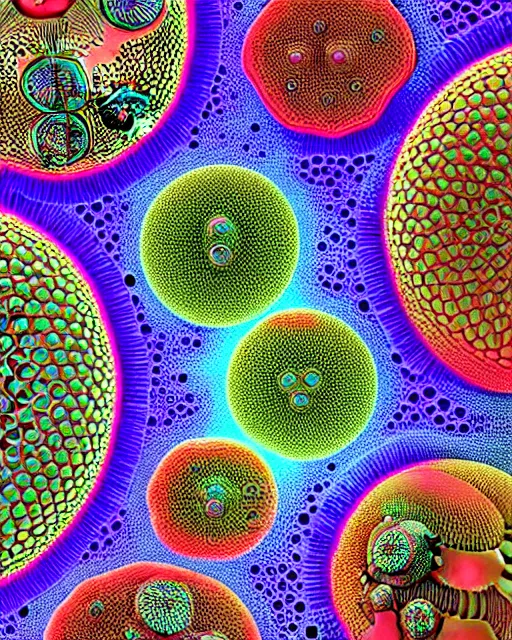 Image similar to stem cells, close up details, drawn by Ernst Haeckel, colorful, beeple rendering