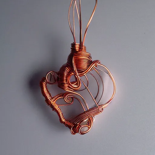 Image similar to a very beautiful tiny human heart organic sculpture made of copper wire and threaded pipes, very intricate, curved. studio lighting, high resolution, high quality, black background