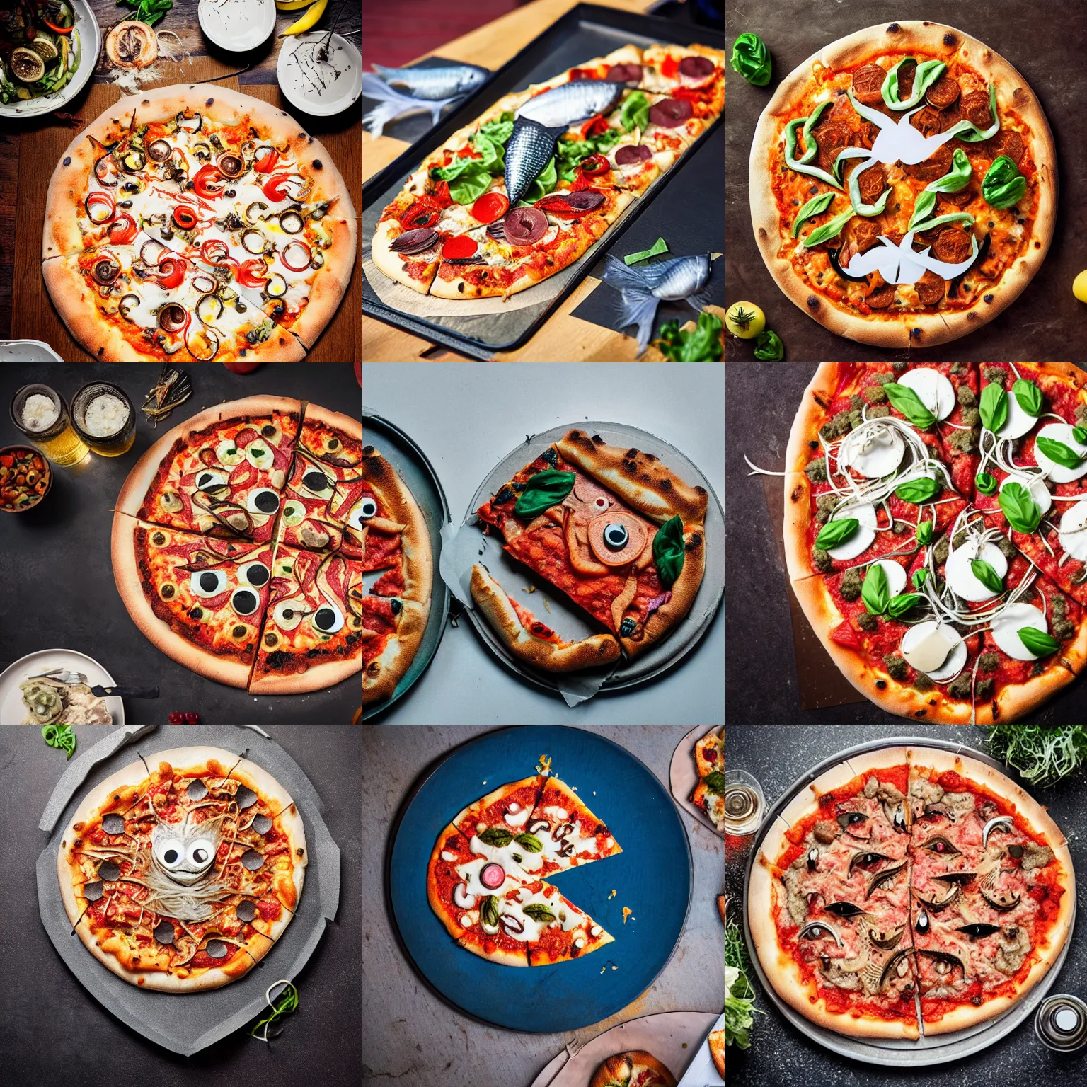 Prompt: angler fish pizza, angler fish, on a table, professional food photography