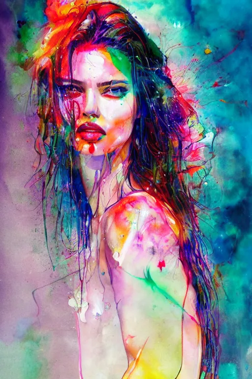 Image similar to adriana lima by agnes cecile enki bilal moebius, intricated details, sitting on a stool, full body portrait, extremely luminous bright design, pastel colours, drips, autumn lights