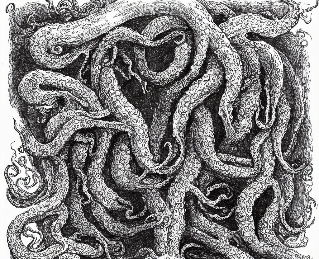 Image similar to a drawing of a large book with evil tentacles escaping from it, in the style of edward gorey