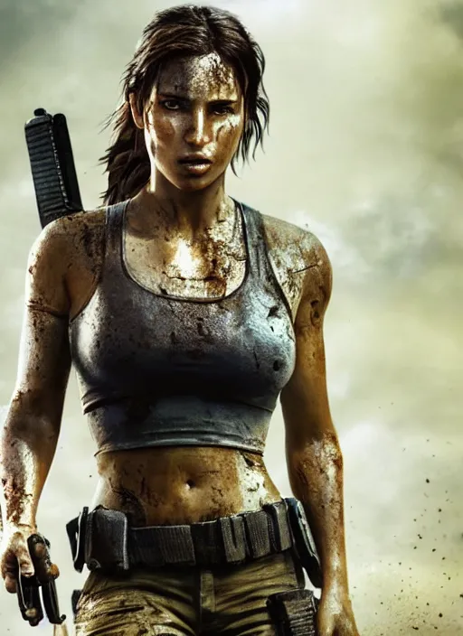 Image similar to a film still of lara croft as cop, her face muddy and sweat, direct sun light, close up potrait, cinematic, subsurface scattering