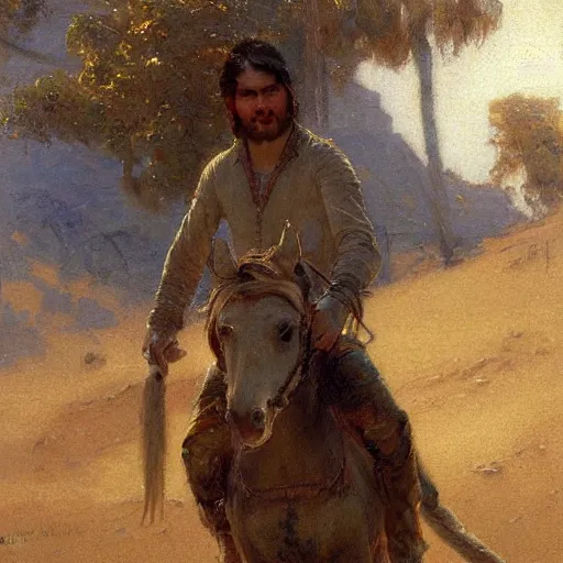 Image similar to a man with a pony tail haircut, painting by Gaston Bussiere, Craig Mullins