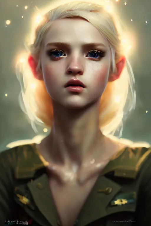 Image similar to cinematic shot of an epic portrait of a cute blonde fairy dressed in military clothes, stylised military clothes, shiny skin, beautiful eyes, beautiful, small details, night setting, realistic poster with volumetric light from craig mallism, artgerm, jeremy lipkin and michael garmash, unreal engine, radiant light, digital art, trends at art station, a masterpiece