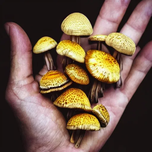 Image similar to iphone 1 3 pro photo of hands holding a golden teacher mushrooms