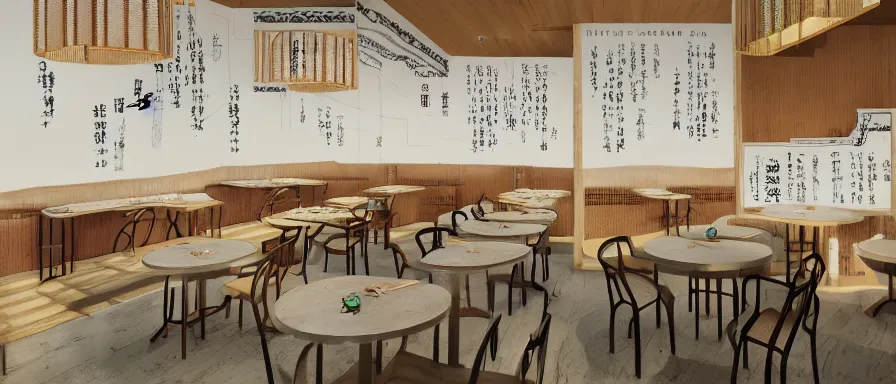 Prompt: a beautiful interior view illustration of a small roasted string hotpot restaurant of baota mountain in yan'an city, restaurant wall paper is tower and mountain, rectangle white porcelain table, black chair, animation illustrative style, from china, simple style structure decoration design, victo ngai, james jean, 4 k hd