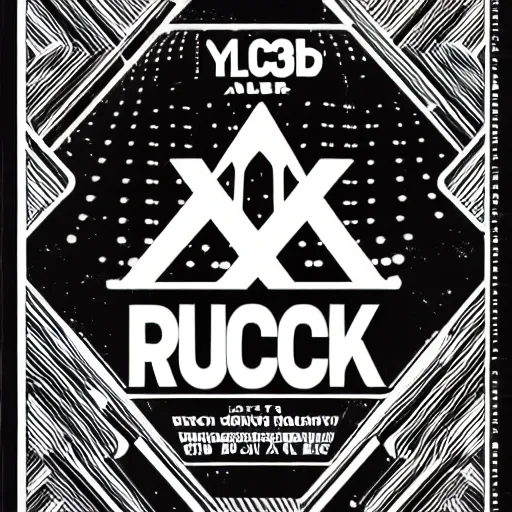 Image similar to black on white graphic poster for a techno party in style of david rudnick, acid, y 2 k