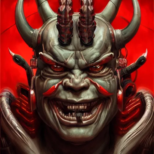 Image similar to portrait, cyberpunk japanese oni demon with horns, stern expression, cyberpunk 2 0 7 7, highly detailed, digital painting, artstation, concept art, smooth, sharp focus, illustration, artgerm, tomasz alen kopera, peter mohrbacher, donato giancola, joseph christian leyendecker, wlop, frank frazetta