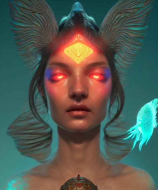 Image similar to goddess close-up portrait. betta fish, phoenix, bioluminiscent creature, intricate artwork by Tooth Wu and wlop and beeple. octane render, trending on artstation, greg rutkowski very coherent symmetrical artwork. cinematic, hyper realism, high detail, octane render, 8k