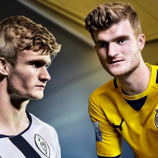 Image similar to a realistic detailed photo of a guy who is an attractive humanoid who is half robot and half humanoid, who is a male android, soccer players martin ødegaard & timo werner, shiny skin, posing like a statue, blank stare, in a factory, on display, showing off his muscles, gold soccer shorts, side view, looking at each other mindlessly