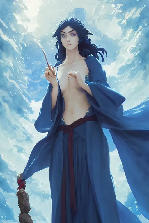 Image similar to elvish female sorcerer doing water magic spells, blue robes, red hair, finely detailed perfect face, exquisite details, mid view, design on a white background, by studio muti, greg rutkowski makoto shinkai takashi takeuchi studio ghibli