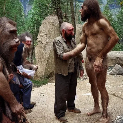 Image similar to Neanderthal meeting modern human, discovery of extant tribe of Homo neanderthalensis, Caucasus region, award-winning photography