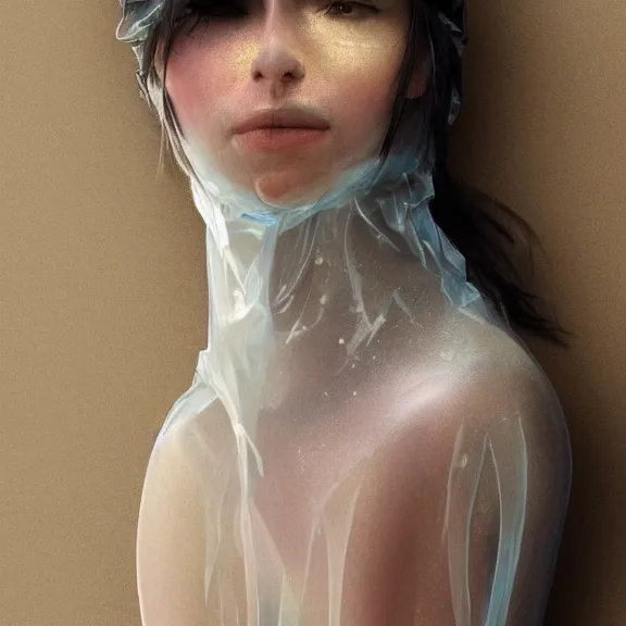 Prompt: woman in a translucent clothing made from plastic bag with paper bags for clothes standing inside paper bags with paper bag over the head, painted portrait, 4k, trending on artstation, octane render, art by artgerm and greg rutkowski and alphonse mucha and craig mullins and James Jean and Andrei Riabovitchev and Marc Simonetti and peter mohrbacher