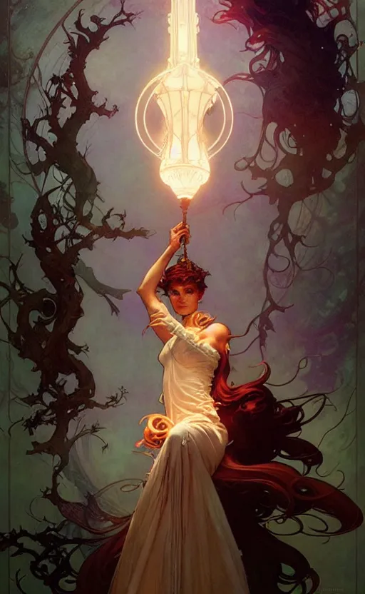 Image similar to magical witch gorgeous lighting by weta studio, mucha, bautista and norman rockwell and greg rutkowski and tom bagshaw and james gurney and lucasfilm