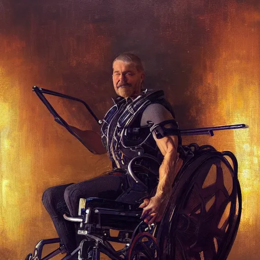 Image similar to handsome portrait of a wheelchair guy fitness posing, radiant light, caustics, war hero, one legged amputee, surrounded by hibiscus, by gaston bussiere, bayard wu, greg rutkowski, giger, maxim verehin