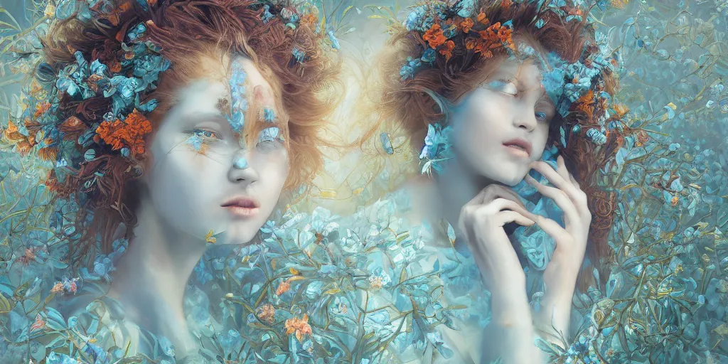 Image similar to breathtaking detailed concept art painting portrait of the hugs goddess of light blue flowers, carroty hair, orthodox saint, with anxious piercing eyes, ornate background, amalgamation of leaves and flowers, by hsiao - ron cheng, extremely moody lighting, 8 k