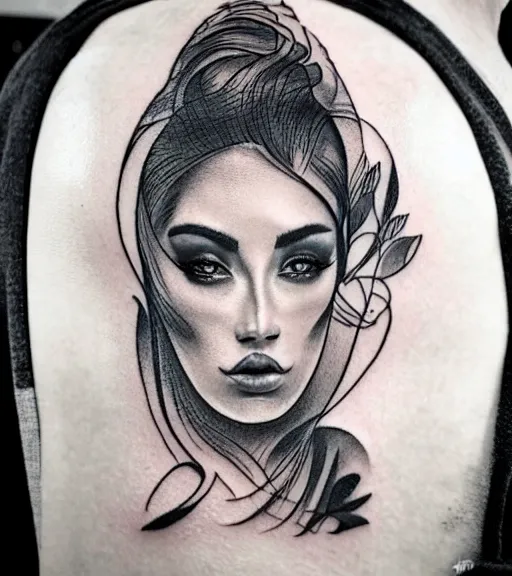 Image similar to tattoo design sketch of a beautiful woman face against a background of beautiful mountains and nature, hyper - realistic, in the style of den yakovlev, amazing detail, black and white