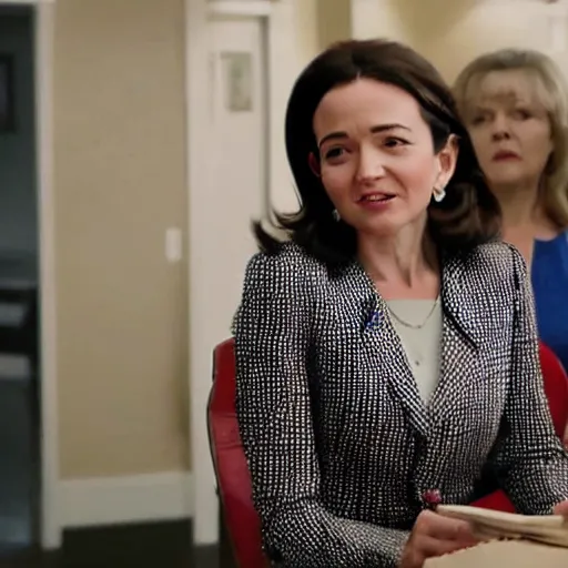 Prompt: Movie still of Sheryl Sandberg campaigning for Trump in The Doomsday Machine, directed by Martin Scorsese
