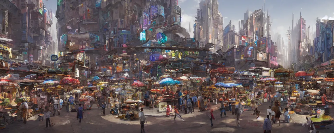 Image similar to street level view of a futuristic market and trading post at the center of a large advanced metropolis busy with activity lots of market signs aliens and people with a floating cars on the streets by craig mullins, neil blevins, dylan cole, james paick, hyper realistic, 8 k, vray render, artstation, deviantart,