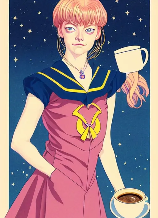 Prompt: realistic portrait of emma stone as a sailor moon, making the coffee, early morning, light falling on face, futuristic, highly detailed, 8 0 - s style poster, sharp focus, illustration, art by kawase hasui,