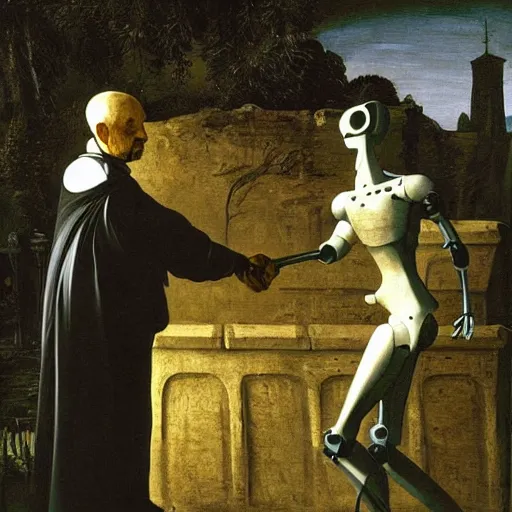 Prompt: painting of old man shaking hands with a robot in a graveyard, liminal, gothic, eerie, intricate, detailed, award winning painting, art by caravaggio,