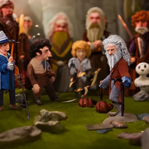 Image similar to claymation of bilbo's birthday party, gandalf, fireworks, frodo, pippin, merry, gritty, tilt shift, award winning, highly textured, very detailed