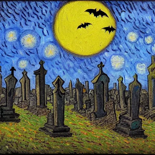 Prompt: oil painting graveyard tombstones, bats, halloween scene, scary, zombie's, apocalypse, high detail, dark scene, abstract, by van gogh