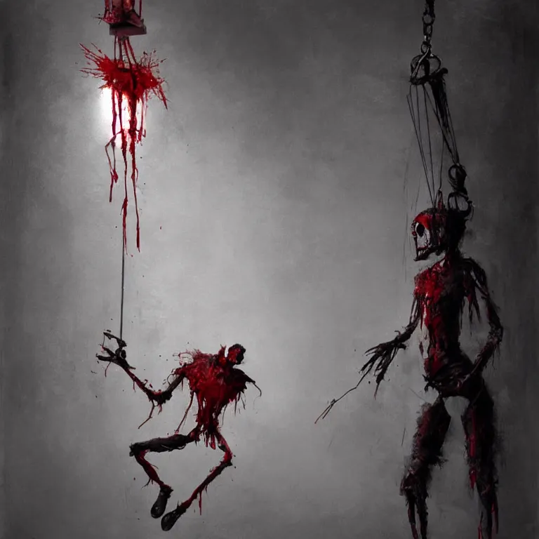 Image similar to a painting of a marionette puppet hanging limp with blood running from his eyes, by greg rutkowski, horror themed, stark light and shadows, grayscale