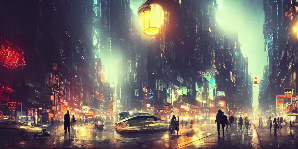 Prompt: fisheye lens shot of tech - noir dystopian city, streets, incandescent lights, neon signs, people walking, peter morbacher, ross tran, greg rutkowski, intricate details, extravagant, trending on artstation, cinematic lighting, digital painting, sharp focus, no blur, octane render, artgerm