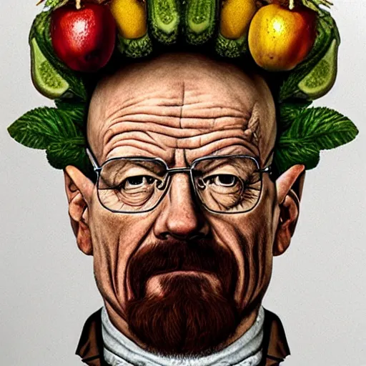 Image similar to walter white in the style of giuseppe arcimboldo, fruits