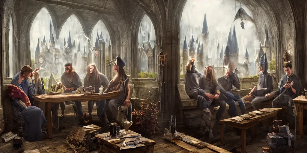 Prompt: group of wizards chilling at hogwarts smoking weed, realistic digital art 4 k, high quality, greg rutkowski, zabrocki, karlkka, jayison devadas, phuoc quan, trending on artstation, 8 k, ultra wide angle, zenith view, pincushion lens effect