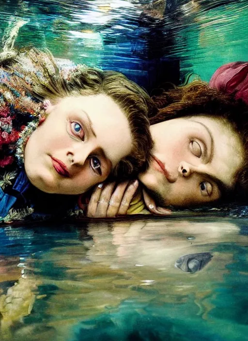 Image similar to detailed colourful masterpiece of photography by anne leibovitz couple portrait sat down extreme closeup, love, inside an underwater train, detailed realistic expressions, wearing unusual clothes, by ford madox brown and william powell frith and frederic leighton, ultra wide angle