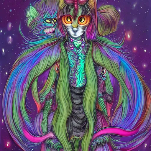 Prompt: autistic bisexual cat seahorse graphic designer, long haired androgynous humanoid covered in fur, weirdcore voidpunk fursona, coherent detailed painterly character design turnaround, digital art by wlop, louis wain, lisa frank, furaffinity, cgsociety, trending on deviantart