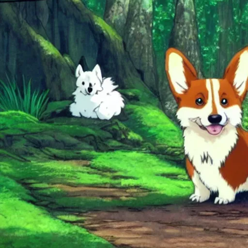 Prompt: a corgi puppy in a mystical forest temple, anime by studio ghibli, miyazaki, scene from the movie spirited away, cute, calm, beautiful