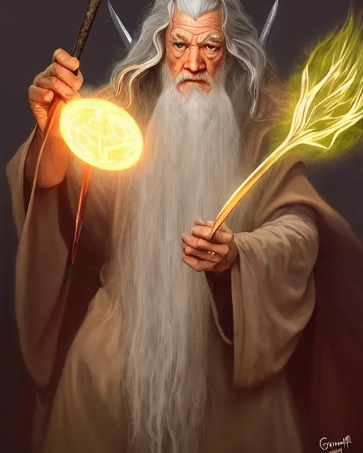 Prompt: Gandalf the grey casting a magic gigantic fork spell to summon army of electric forks, crimson led, glowing, D&D, fantasy, intricate, elegant, highly detailed, digital painting, artstation, concept art, matte, sharp focus, illustration, hearthstone, art by Artgerm and Greg Rutkowski and Alphonse Mucha