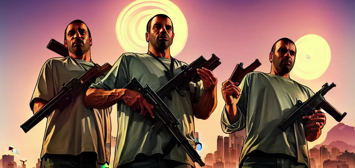 Prompt: gta 5, cover art, grand theft auto poster, jesus holding a gun shaped like a cross, d & d, fantasy, intricate, elegant, highly detailed, digital painting, artstation, concept art, matte, sharp focus, illustration, hearthstone, art by artgerm and greg rutkowski