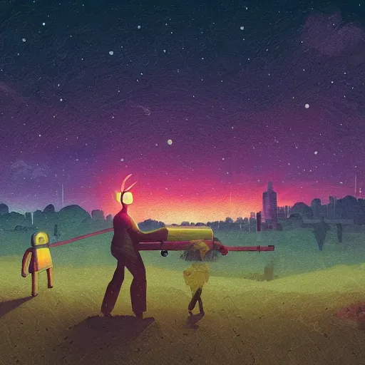 Image similar to metallic android carrying a sleeping child, background of farmland, buildings on fire, no blur, very detailed, nighttime, in the style of Simon Stalenhag