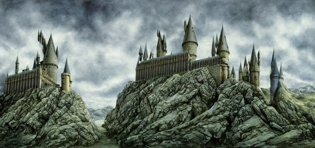 Image similar to Hogwarts landscape painted by Alan Lee