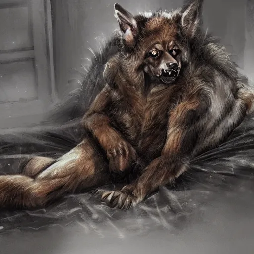 Prompt: a wounded humanoid german shepherd beast - man in military style, sitting on the carpeted floor beside a bed, highly detailed portrait, digital painting, artstation, concept art, smooth, sharp foccus ilustration, artstation