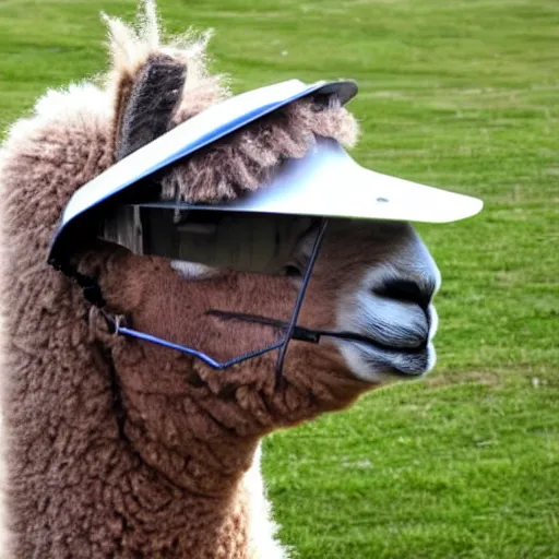 Image similar to an alpaca wearing a construction helmet and safety goggles