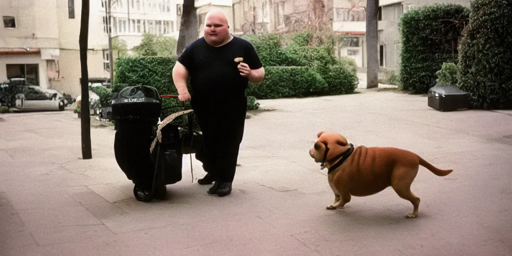 Prompt: obese bald british man with no neck walking his small dog on the sidewalk next to a bush, cinestill 8 0 0 t