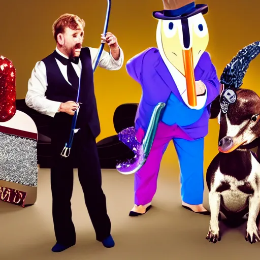 Prompt: late night chat show with a duck smoking a pipe , a horse in a judo kit, a dog in a sequin waistcoat playing a trombone