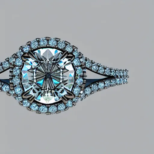 Image similar to photo of a engagement ring with three diamonds, two diamonds outside and one in the middle, photo realistic, hyper detailed, concept art, victorian, multiple angles