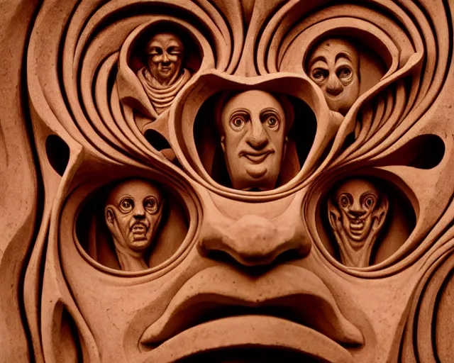 Image similar to by szukalski, francis bacon, vivian maier, mystical redscale photography evocative. an intricate fractal concrete carved sculpture of the secret faces of god, standing in a city center.